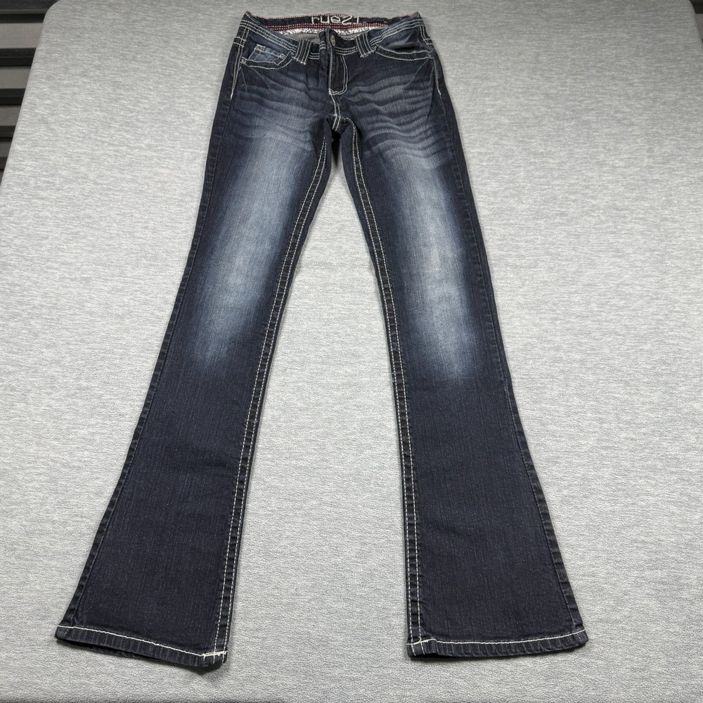 rue21 Jeans Women 1/2 Long Blue Mid-Rise Bootcut Thick Stitch Contrast Denim